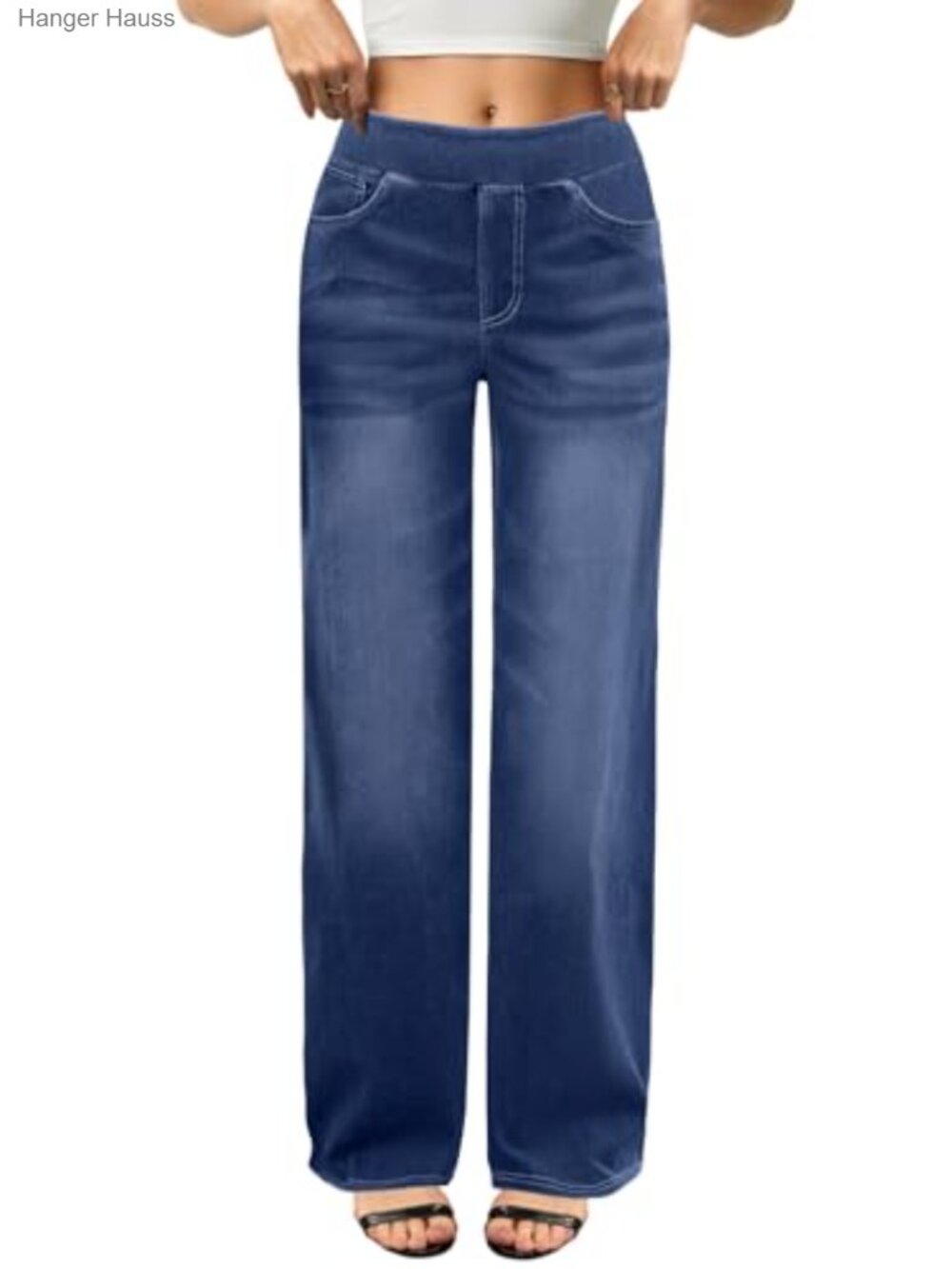 Wide Leg High Waisted Pull On Stretch Denim Jeans with Pockets